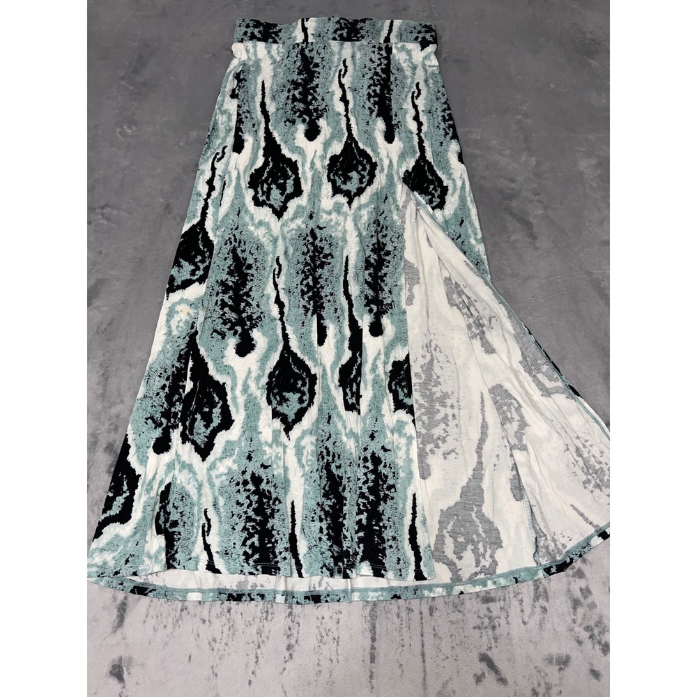 Carmen Marc Valvo Sage Green Ikat Print Maxi Skirt with Side Slit Size Medium
